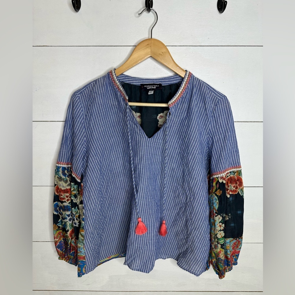 **SOLD**Johnny Was Workshop Boho Peasant Blouse XS Striped Floral Silk Contrast - Picture 1 of 8